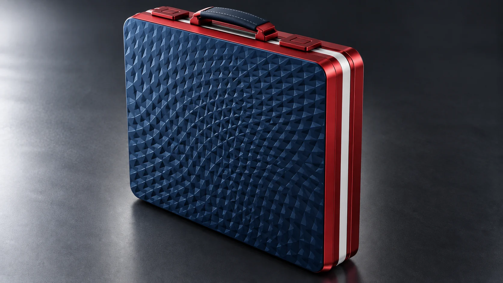 Concept: M∆NTLE closed with a faceted navy shell and a red frame
