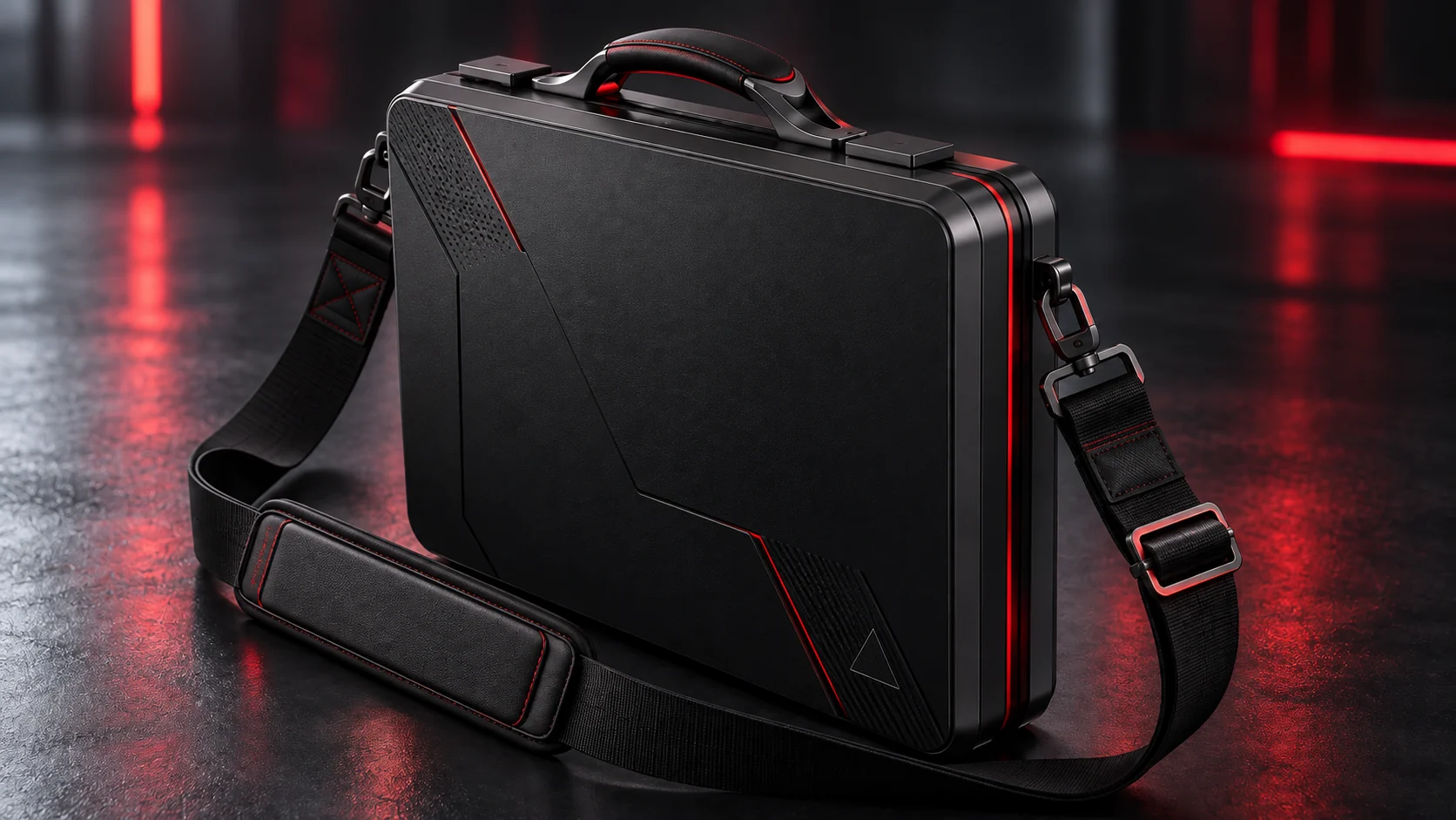 Concept: M∆NTLE closed in matte black with red accent lines and a shoulder strap