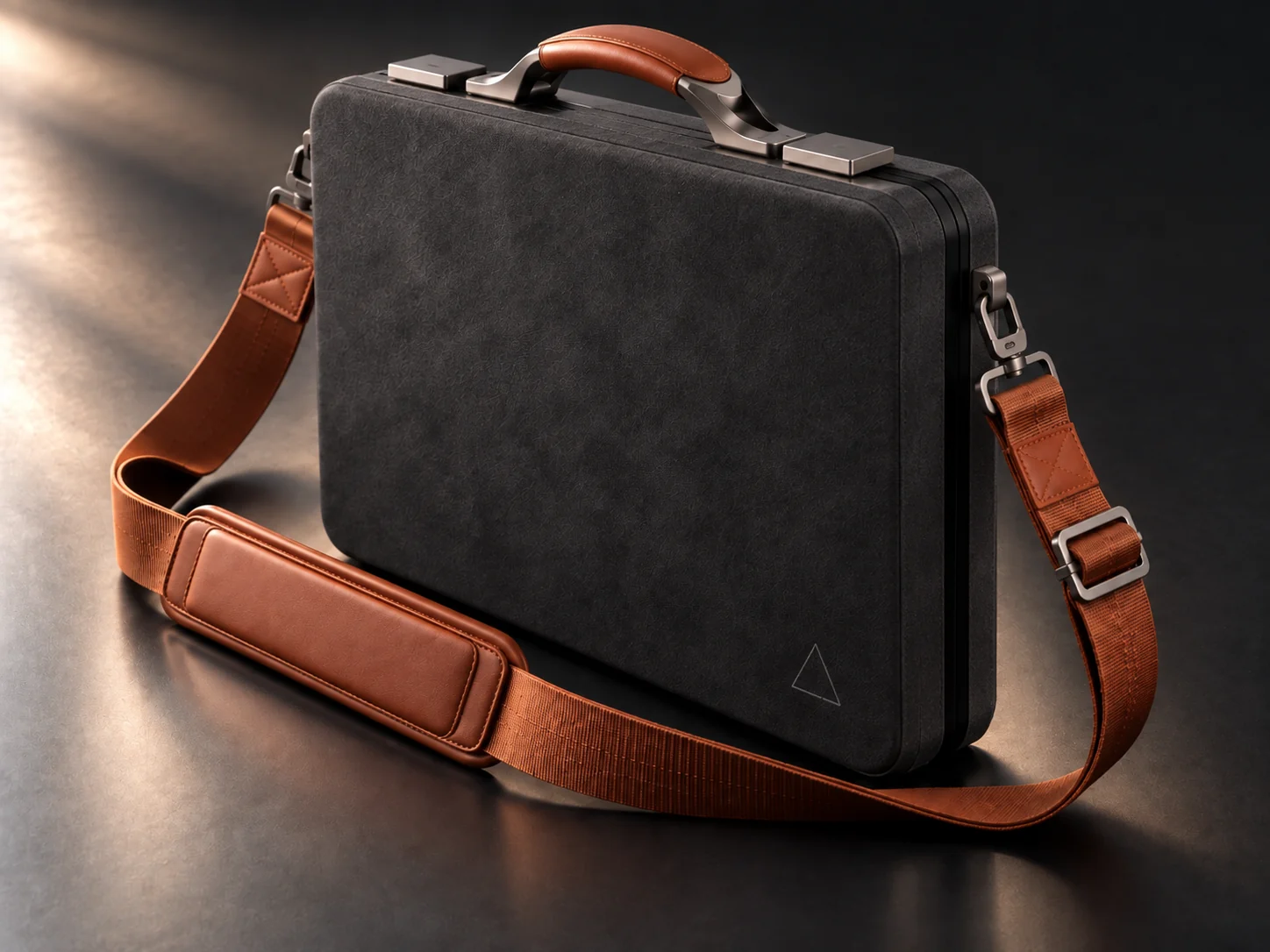 Concept: M∆NTLE closed in charcoal suede with a cognac leather handle and strap
