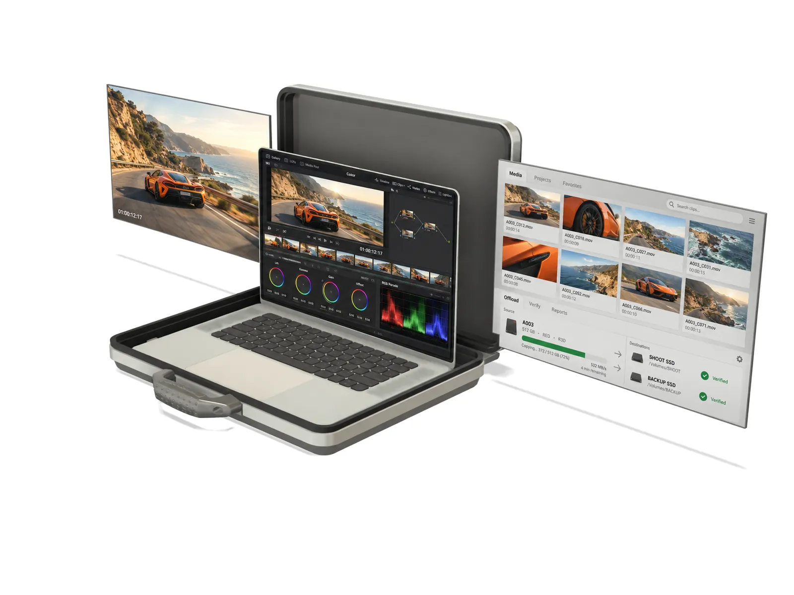 M∆NTLE open with a laptop and two screens deployed to the sides, packing down into one closed chassis as you scroll