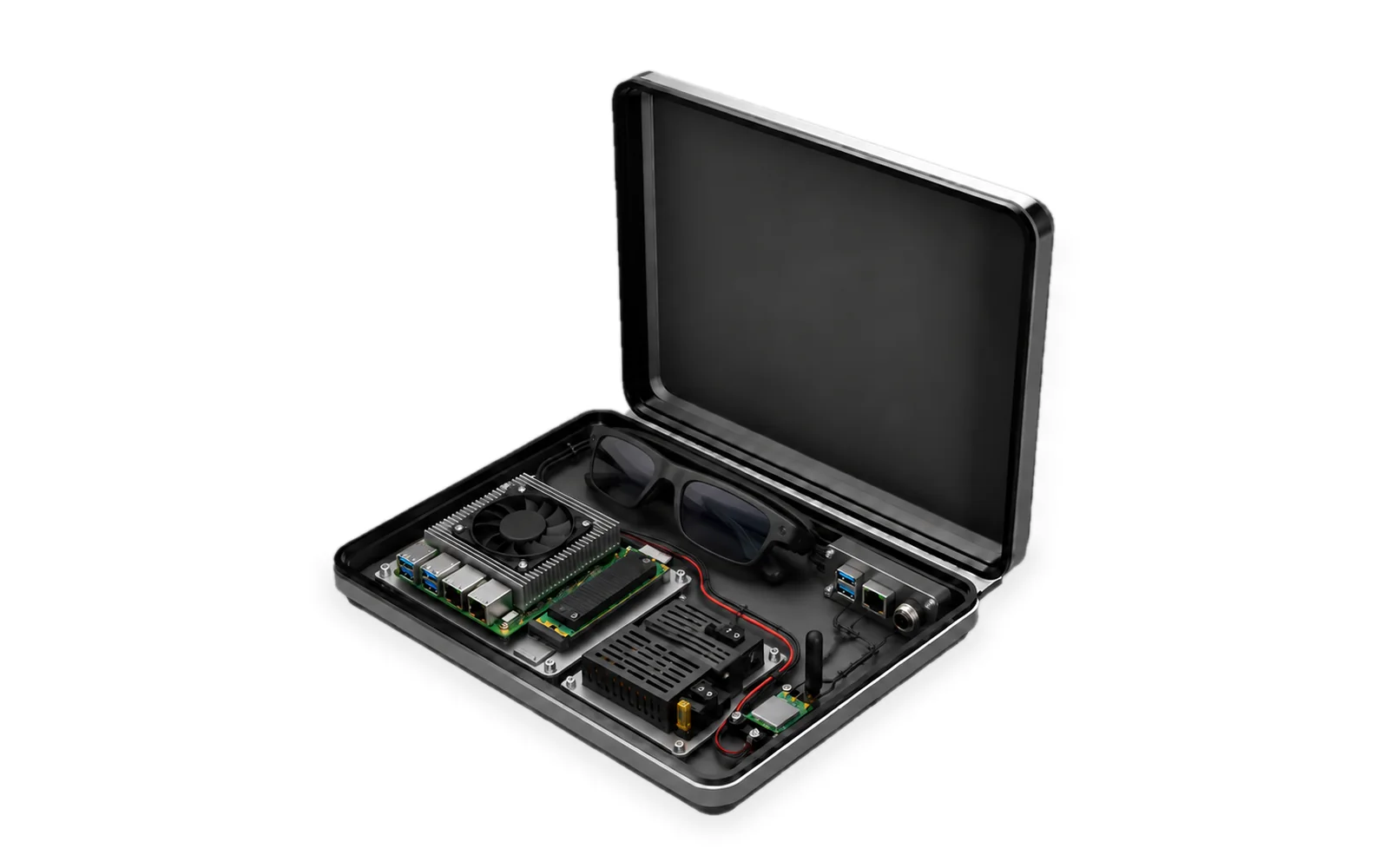 Concept: M∆NTLE open with a compact computer, power module and display glasses in the lower chassis