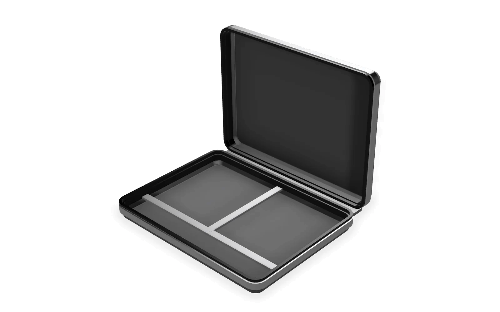 MANTLE open and empty: upper chassis, friction-hinge spine, crossbar and lower chassis