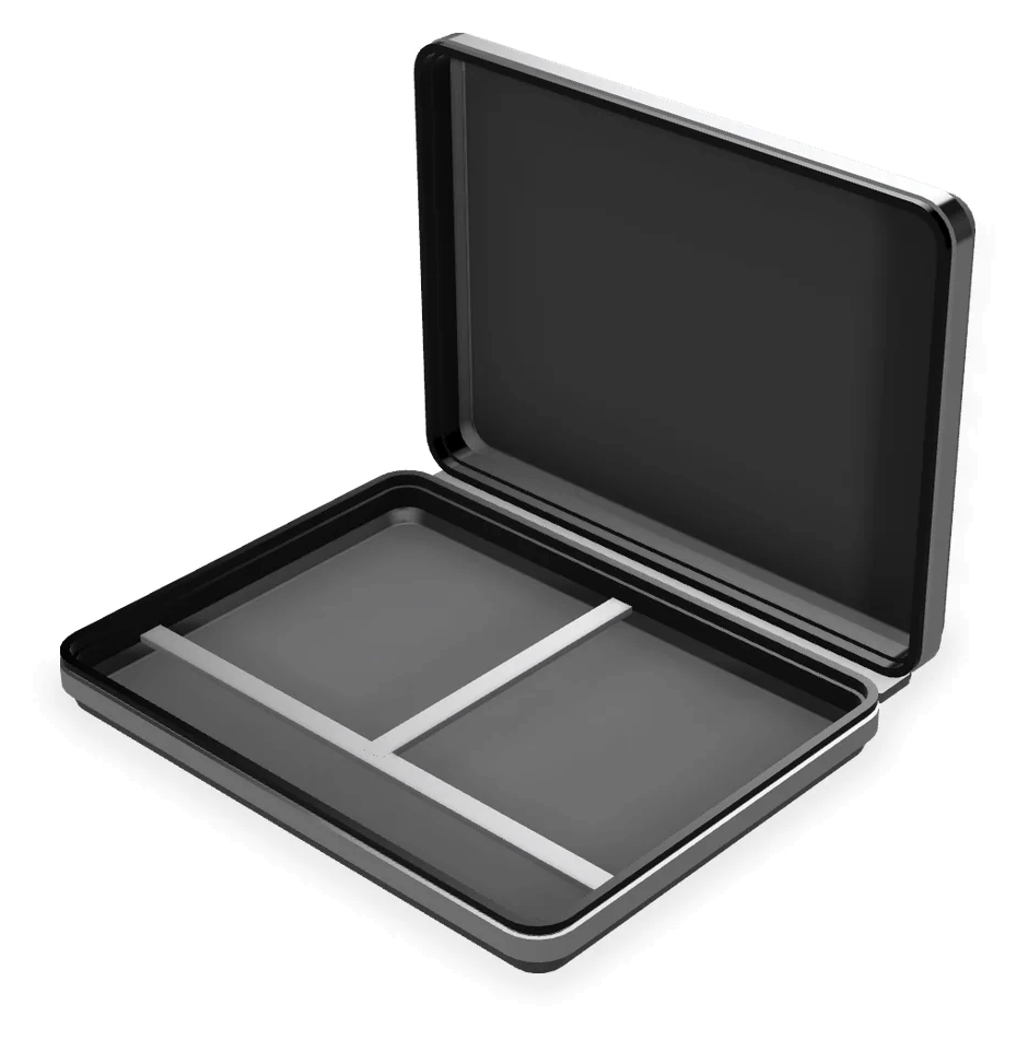 MANTLE open and empty: upper chassis, friction-hinge spine, crossbar and lower chassis