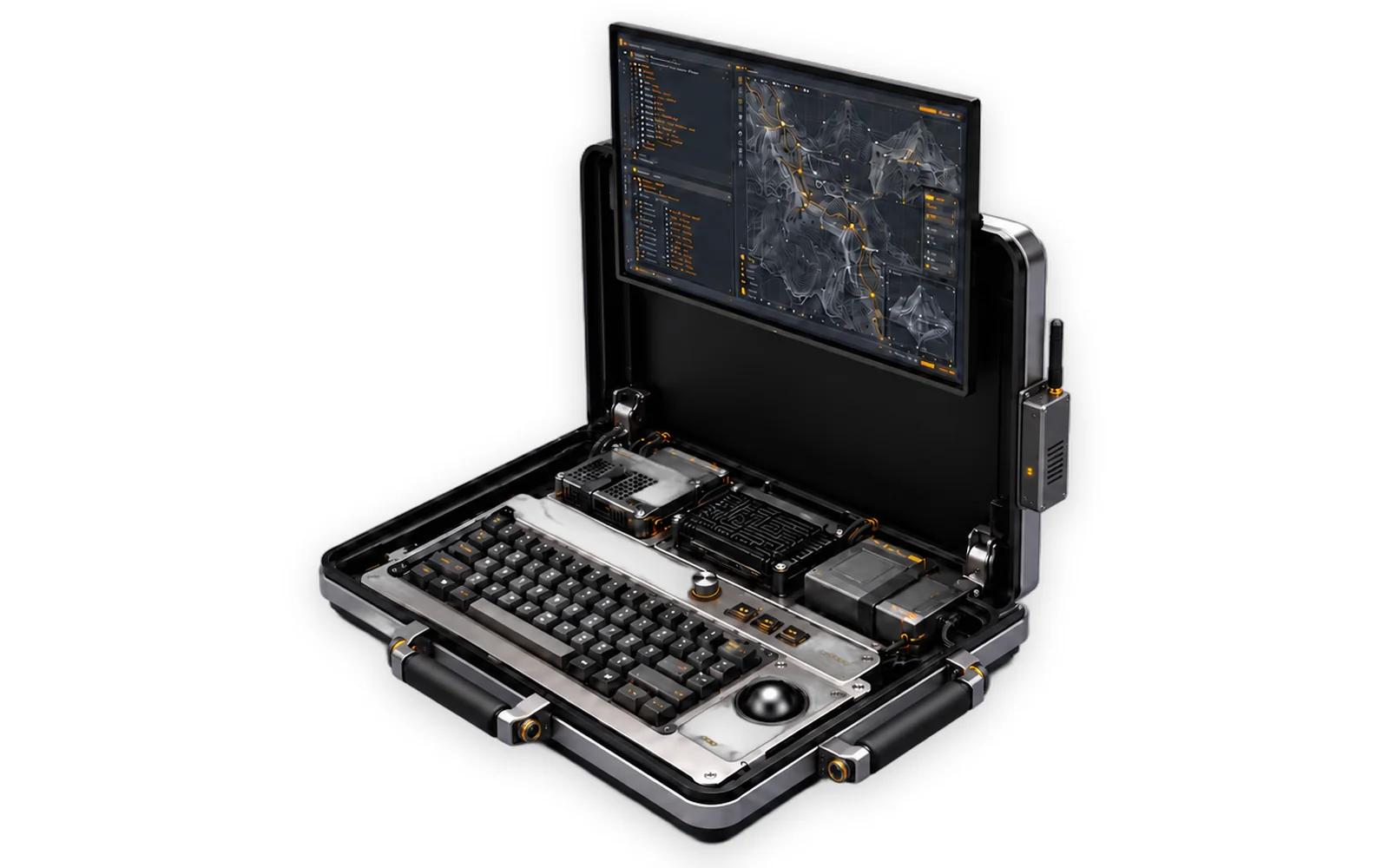 Concept: MANTLE open with no laptop. A compact computer and modules in the lower chassis, a keyboard plate with a trackball in front, a screen raised on the upper chassis, and a module with an antenna on the side rail