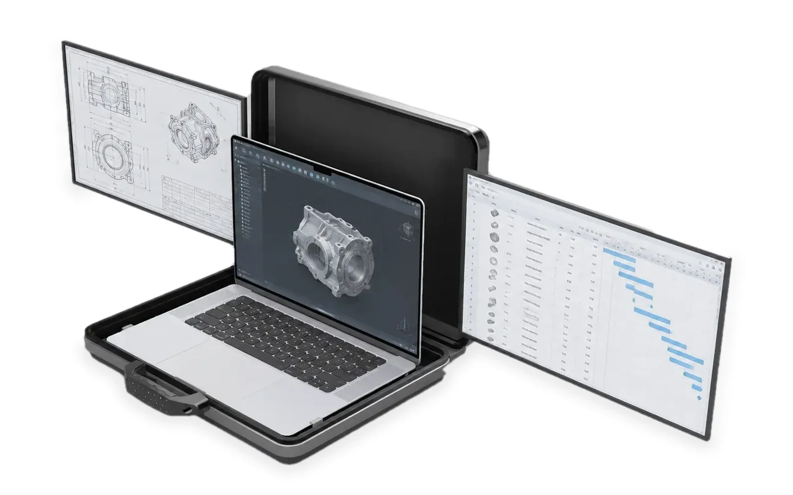 Design render: M∆NTLE open with a laptop and two displays swung out to the sides