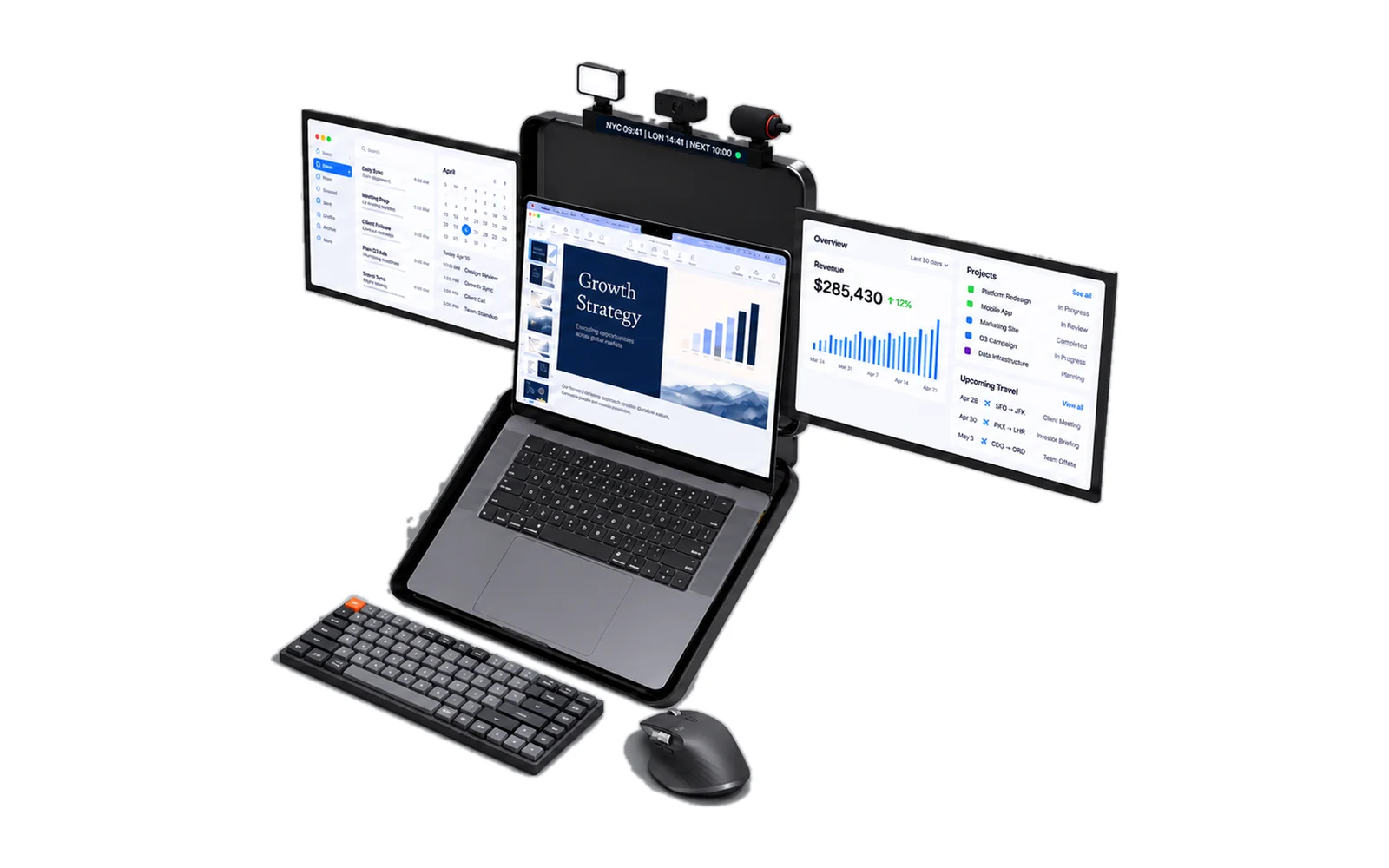 Concept: M∆NTLE open with a laptop, two wing displays, a light, webcam and microphone on the rail above, and a keyboard and mouse in front