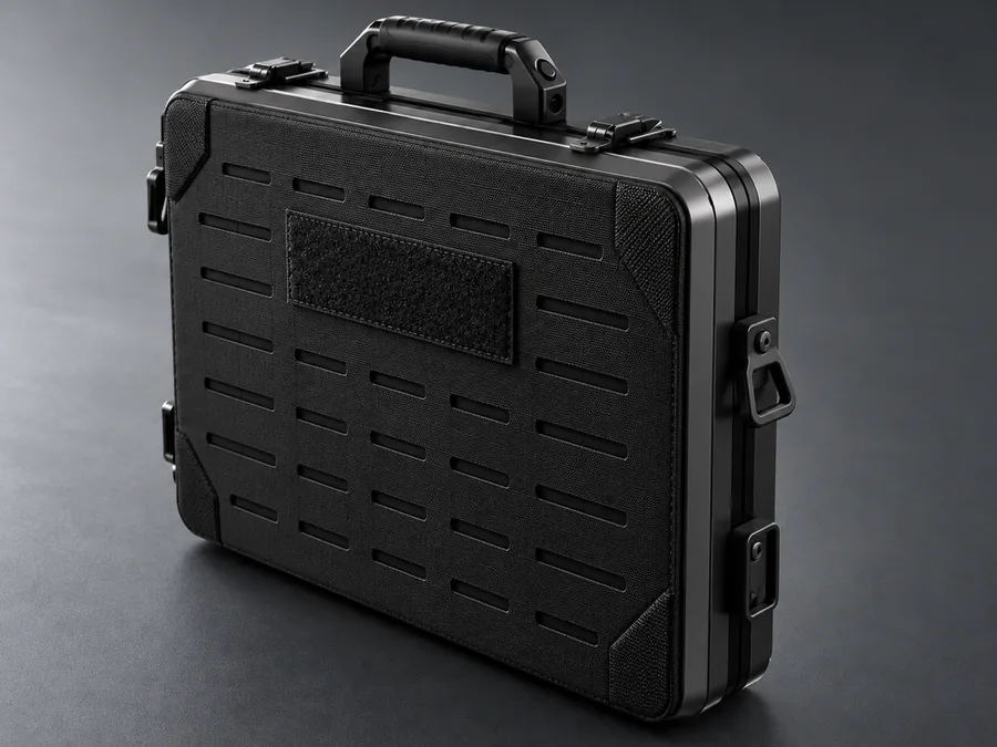 Finish concept: Blackout, all-black case with laser-cut MOLLE panels