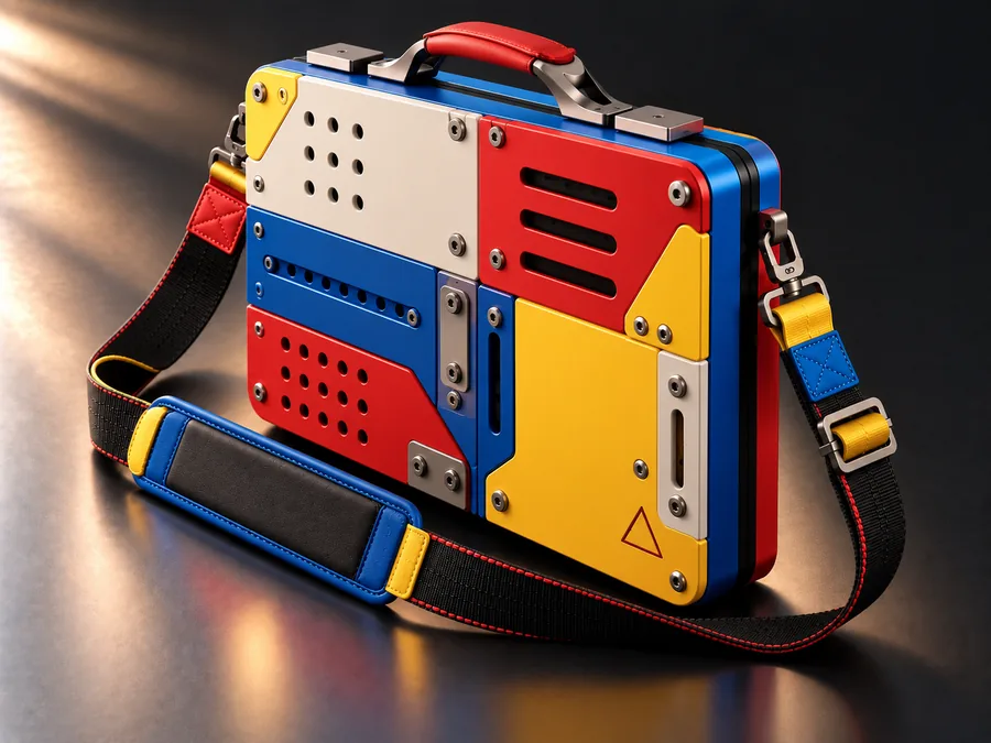 Finish concept: Colour-block, red, blue, yellow and white panels with a shoulder strap