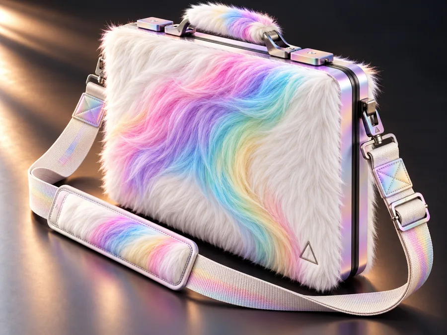 Finish concept: Mythic, white faux fur with a pastel rainbow mane, iridescent hardware and a pale strap