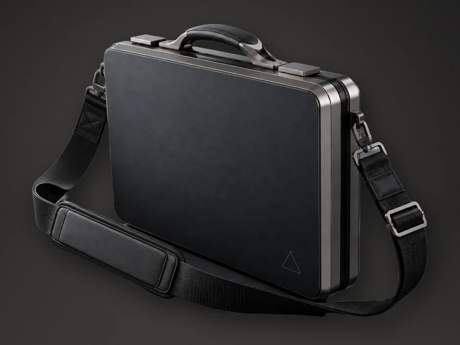 Style concept: Original, black case with a metal handle and a black leather strap