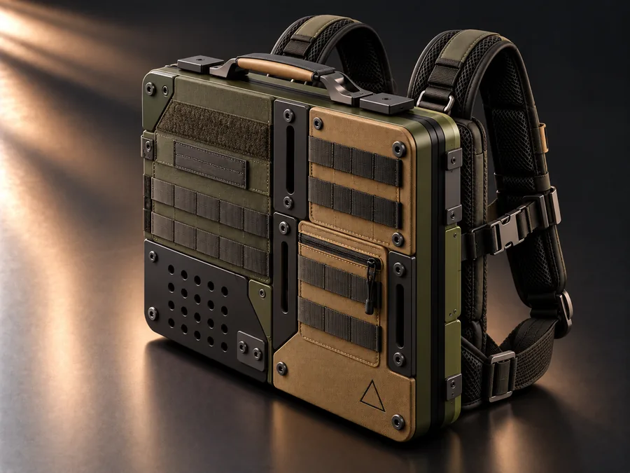 Finish concept: Tactical, olive and coyote panels with MOLLE webbing, shown with backpack straps (in development)